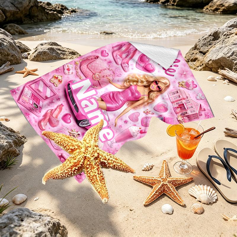 Custom Name Personalized Barbie Print Beach Towel, for Trip Camping Beach Party Home Decor, Birthday Gift for Family & Friends