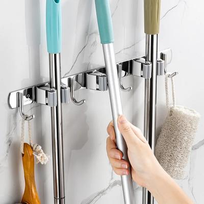 Nail-free Wall Mounted Mop Holder Broom Hanger Shelf Stainless Steel Storage Hook Kitchen Bathroom Organization Accessories