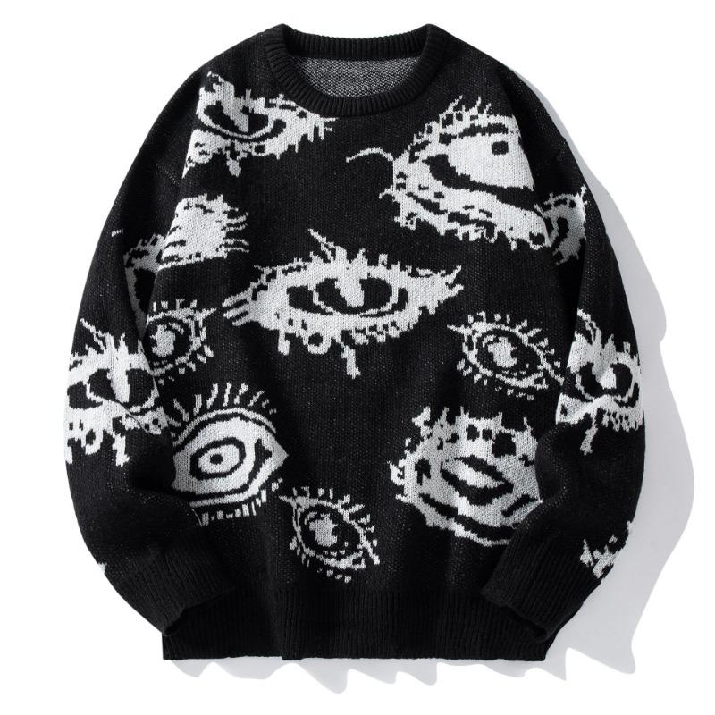 Mens Loose Crew Neck Long Sleeve Personalized Eye Pattern Warm Knit Sweater