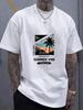 Weißes Unisex-T-Shirt mit Rundhalsausschnitt und sommerlichem Palmenprint für die Freizeit.