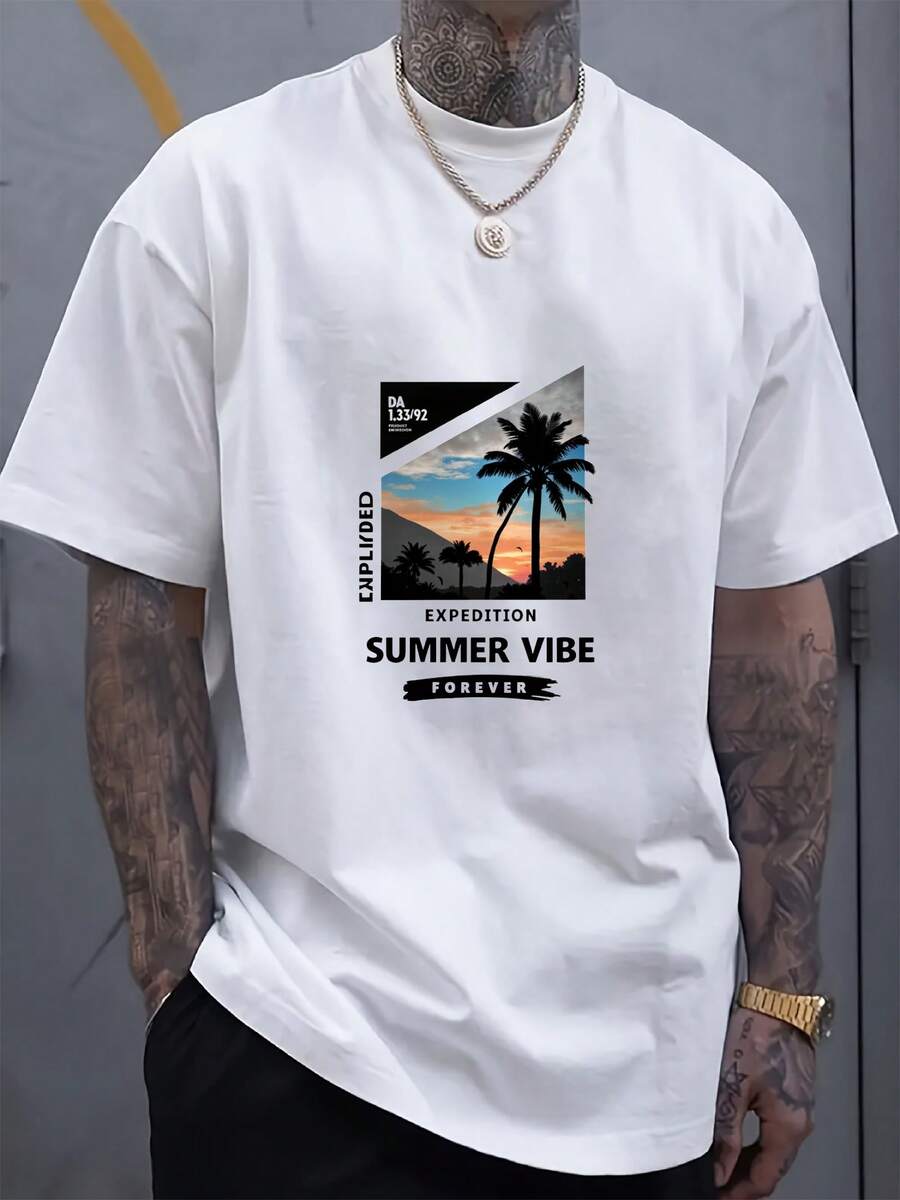 

Unisex S Round Neck White T-Shirt With Summer Vibe Palm Tree Print For Casual Wear XL
