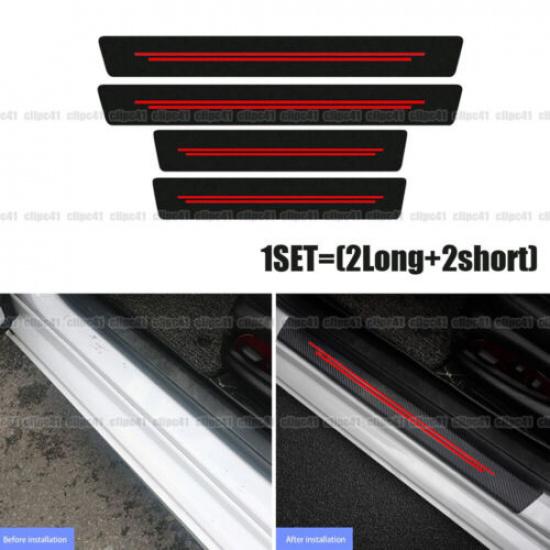4x Car Door Sill Protection Strip Carbon Fiber Leather Cover Sticker Black&Red