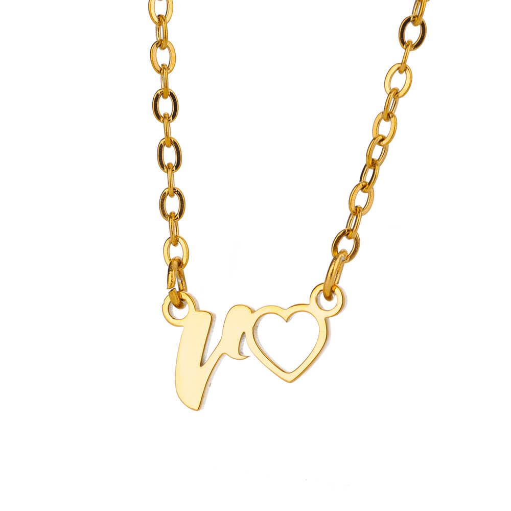Fashion Initial Pendant Necklace For Women Letter Name Hollow Out Heart Charm Stainless Steel Gold Color Chain Jewelry Gift