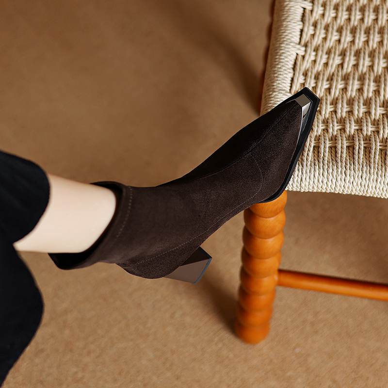 Krazing Pot Flock Autumn Winter Shoes Metal Decoration Thick High Heels Big Size 40 Modern Boots Square Toe Keep Warm Slip On Ankle Boots