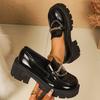 Fashion Women's Chain Decor Platform Loafers Fashion Preppy Style Patent Leather Dress Shoes Woman Comfortable Slip On Chunky Heel Pumps