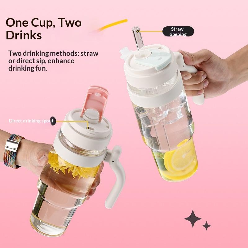 1000ml Cross Border Popular Large Capacity Flower Tea Cup, Straw Glass Cup, High Borosilicate Car Ice Cream Cup lijiao