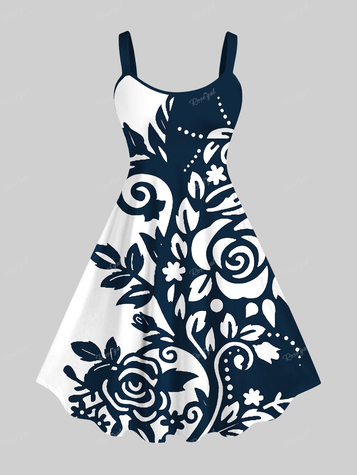 

Rosegal Плюс Размер Двухцветное Изгиб Цветов Принт Листьев Гавайское Платье-Майка