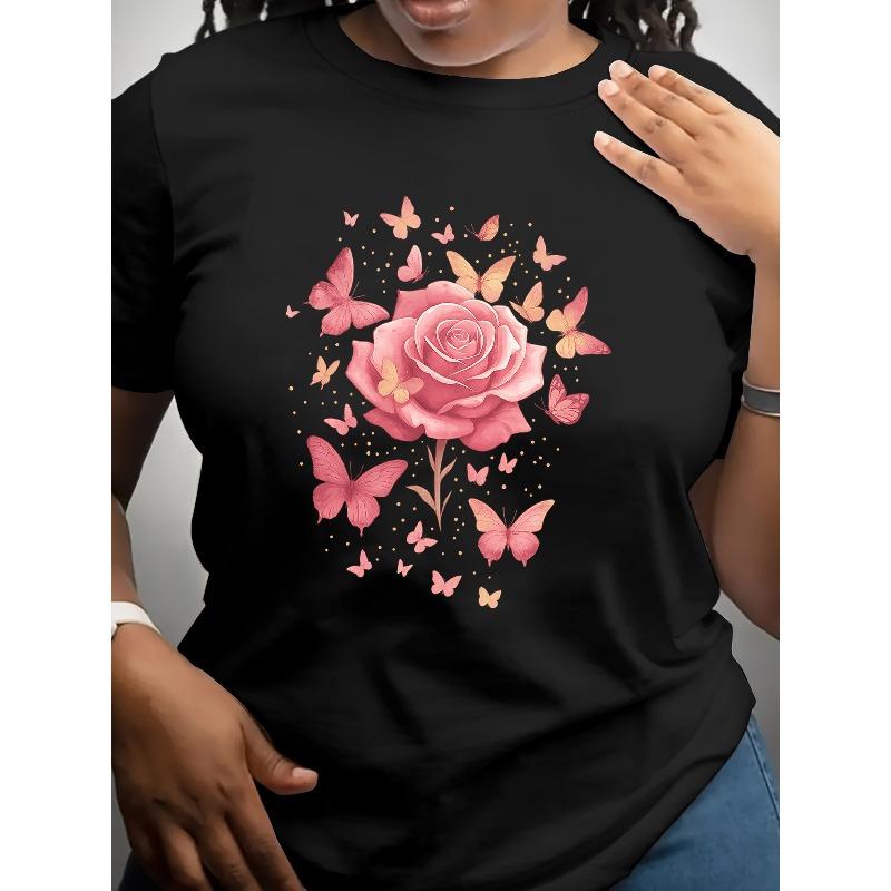 European Size Women'S Elegant Pink Rose and Butterfly Print T-Shirt | Short-Sleeve Crew Neck Casual Top,Spring/Summer Floral Shirt,Casual Wear