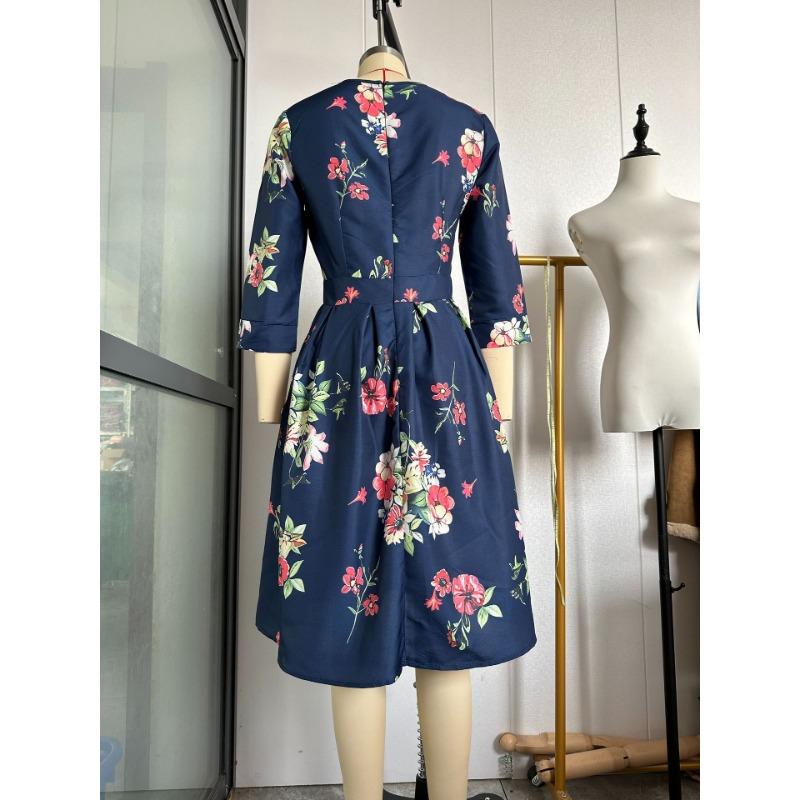 Vestido de fiesta vintage floral de corte A para mujer, con mangas de siete puntos y cuello redondo.