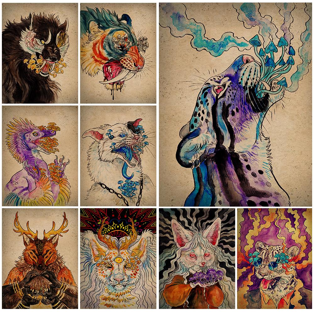 

Таинственные животные и волшебные грибы Ретро Фрески Живопись маслом Мифические существа Ретро Плакат