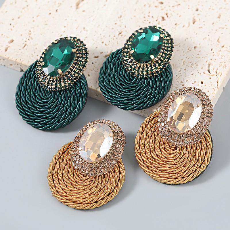 Alloy Rhinestone Oval Glass Stud Earrings Women Stretch Cord Circular Fashion Ear Jewelry In White Green Black Rose Gold