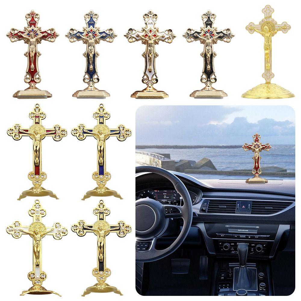 Golden Cross Ornaments Double-sided Tape Metal Statues Creative Handicrafts Oil Droped Colors Car Ornaments Christ On The Stand