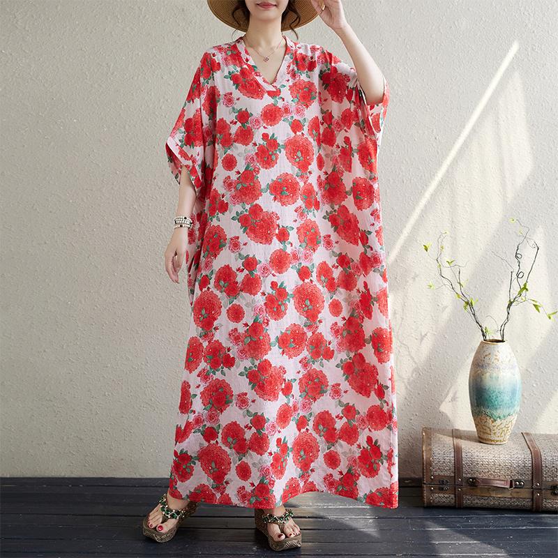 Krótki rękaw Plus rozmiar bawełniana, vintage, w kwiaty, nowość w sukienkach dla kobiet, luźna, długa, letnia sukienka Maxi