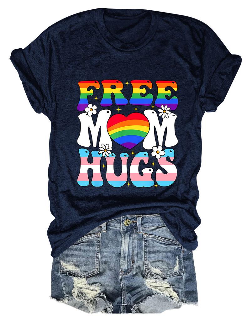 Summer New Shortsleeved Casual Tshirt Free Mom Hugs Print Loose Crew Neck Fashion Top Jumper