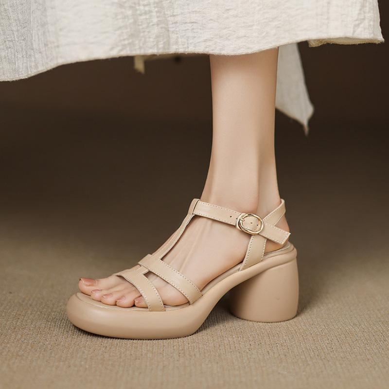 Summer Square Heel Buckle Platform Women's High-heeled Sandals New Casual Solid Color Roman Sandals Rubber Soft-soled Women's Shoes