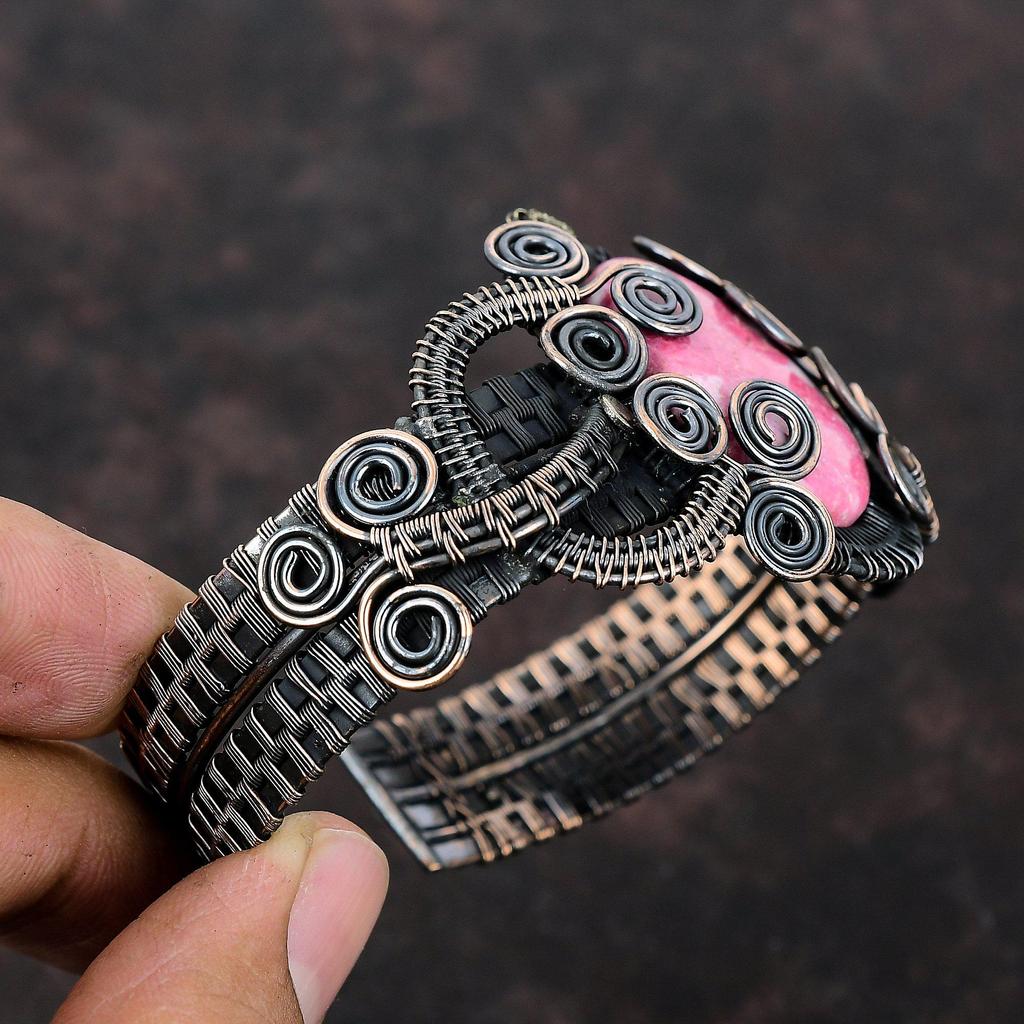 Thulite Bangle Copper Wire Wrapped Jewelry Adjustable Cuff Bracelet Handmade Bracelet Gemstone Jewelry Copper Wire Wrap Bangle Gift For Him