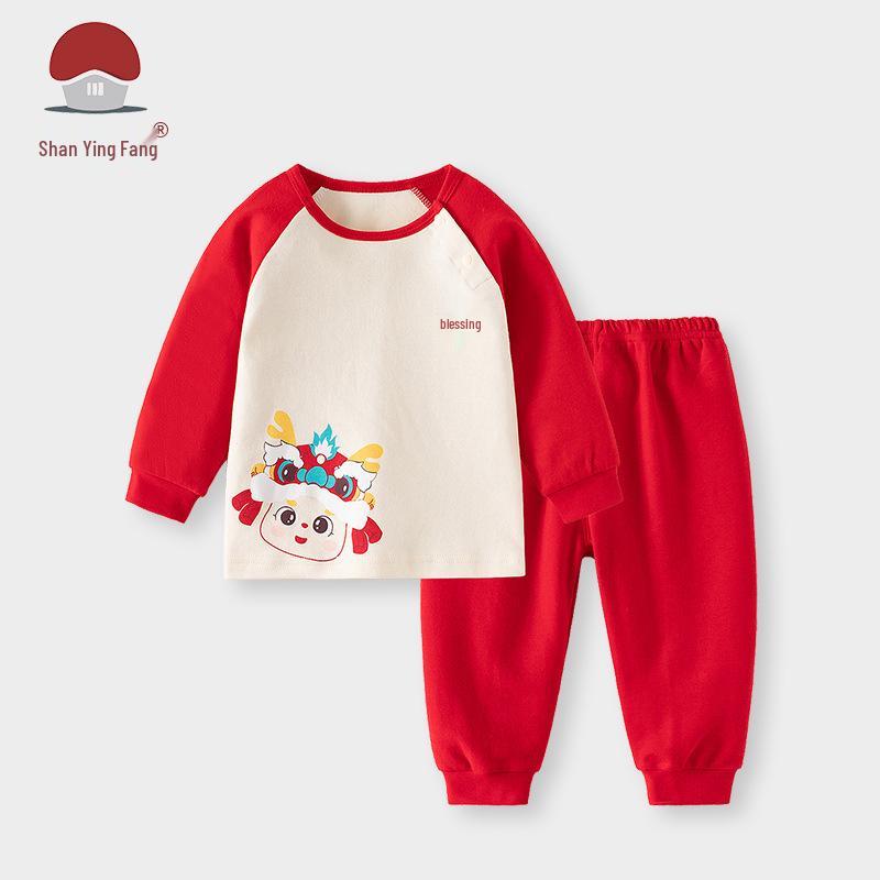 Spring Festival Baby Cotton Pajama Set - Warm Red Autumn Clothes & Pants for Kids 110 cm