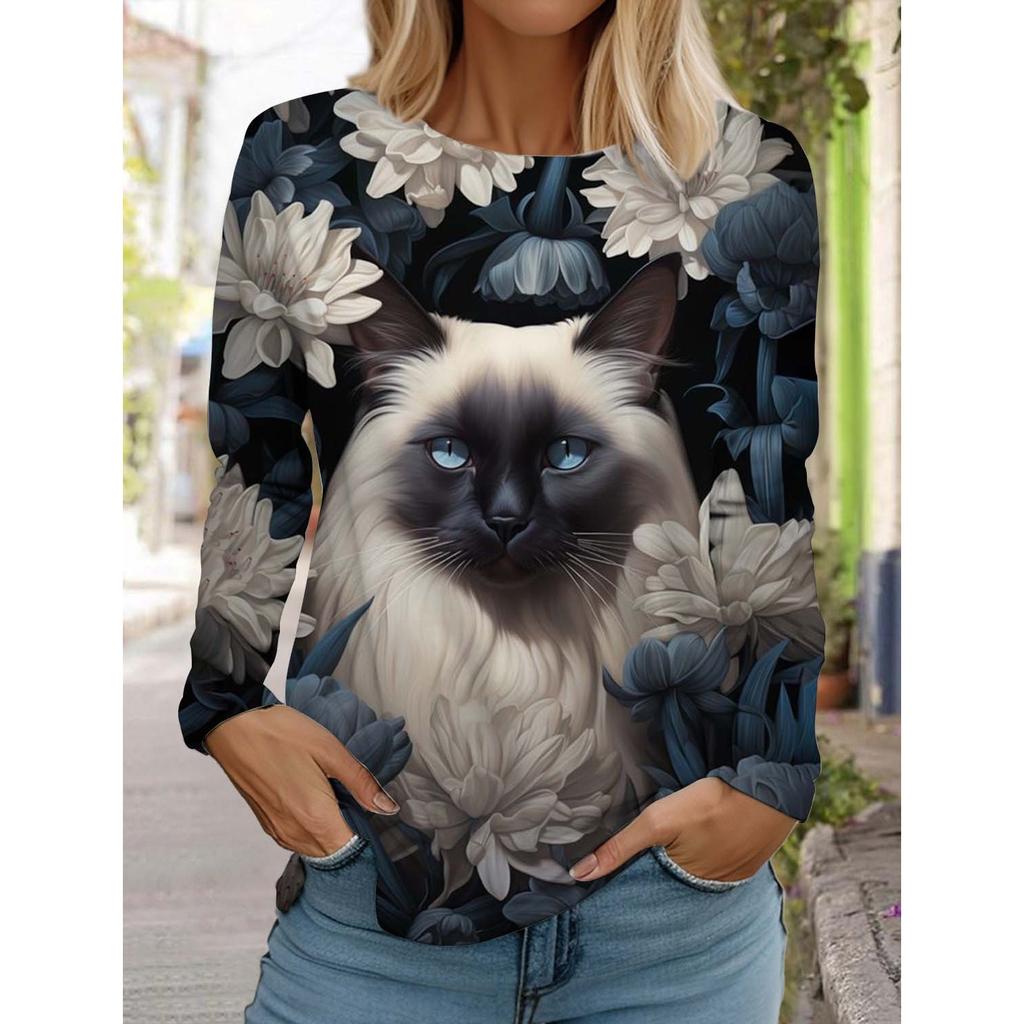 Christmas Cute Cat Women's Long Sleeve T-Shirt Autumn Animal Clothing Holiday Fashion Party T-Shirt