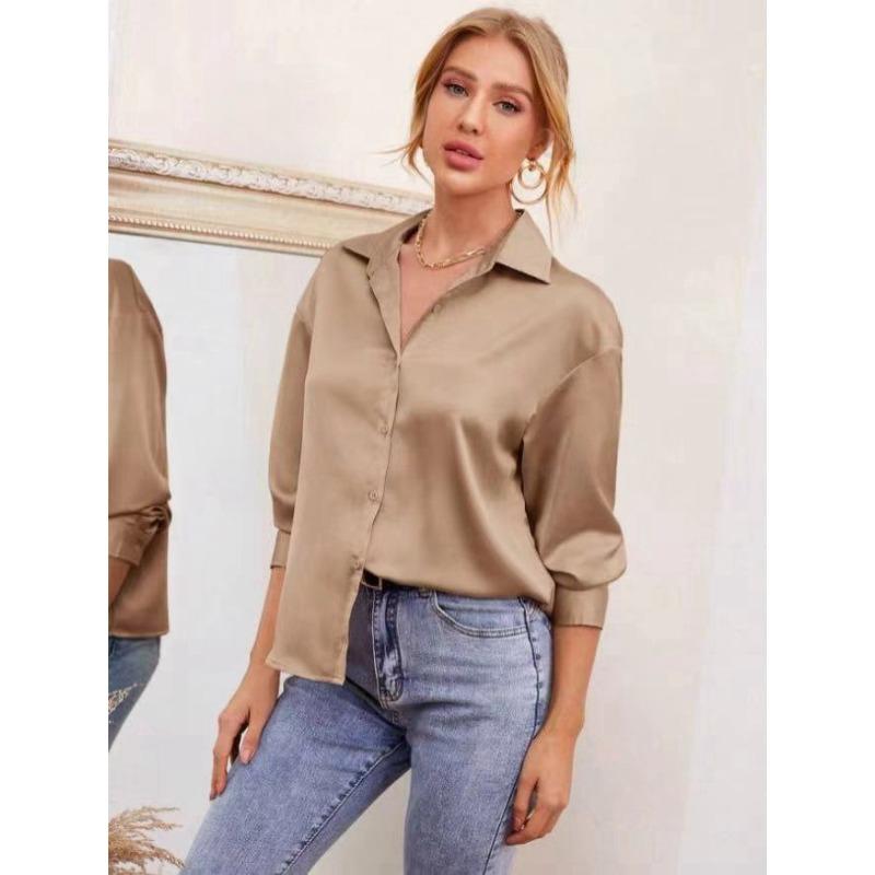 Spring Summer Satin Comfortable Casual Loose Long Sleeved Solid Color Lapel Shirt for Women Blouses & Shirts