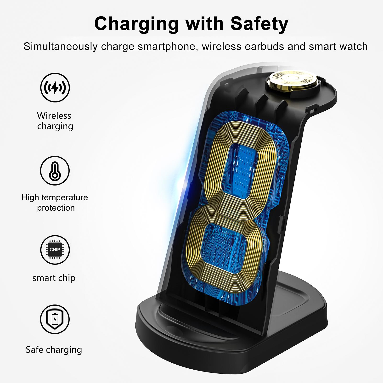 

A001 A Wireless Charger 3 in 1 Wireless Charging Station 15W Fast Charging Vertical Stand Compatible with iOS чёрный