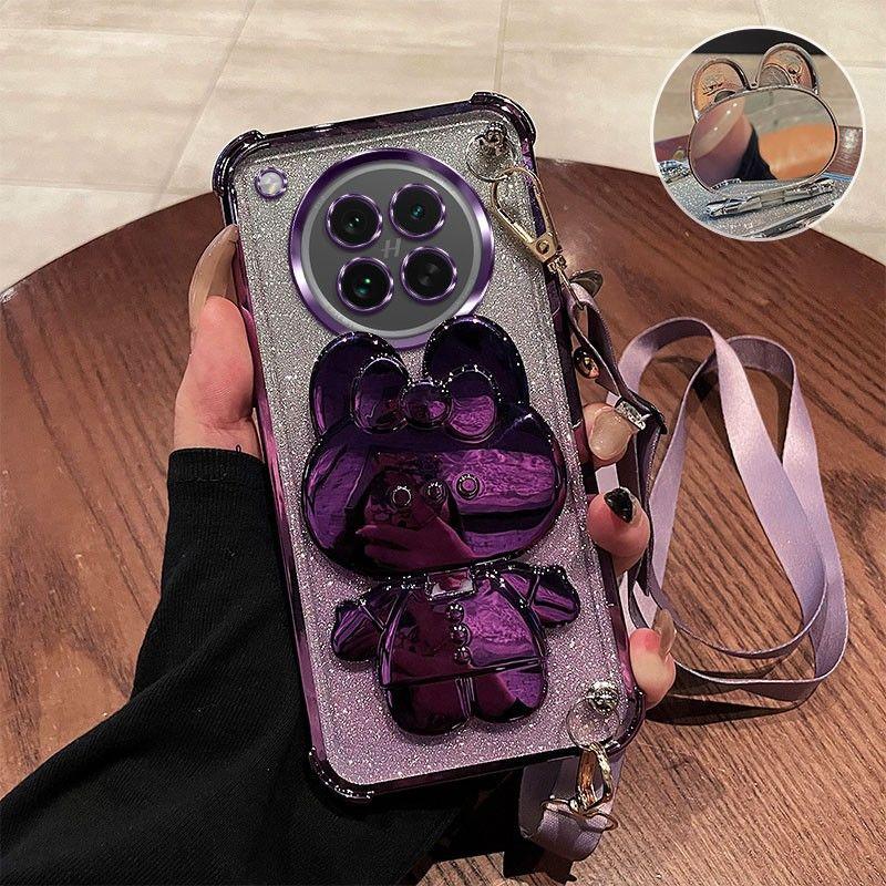 Crossbody Lanyard Shockproof Plating Case For Huawei Nova 13 Pro 12 12S 11 10 9 8 7 6 5 Pro Mirror Rabbit Stand Silicone Cover