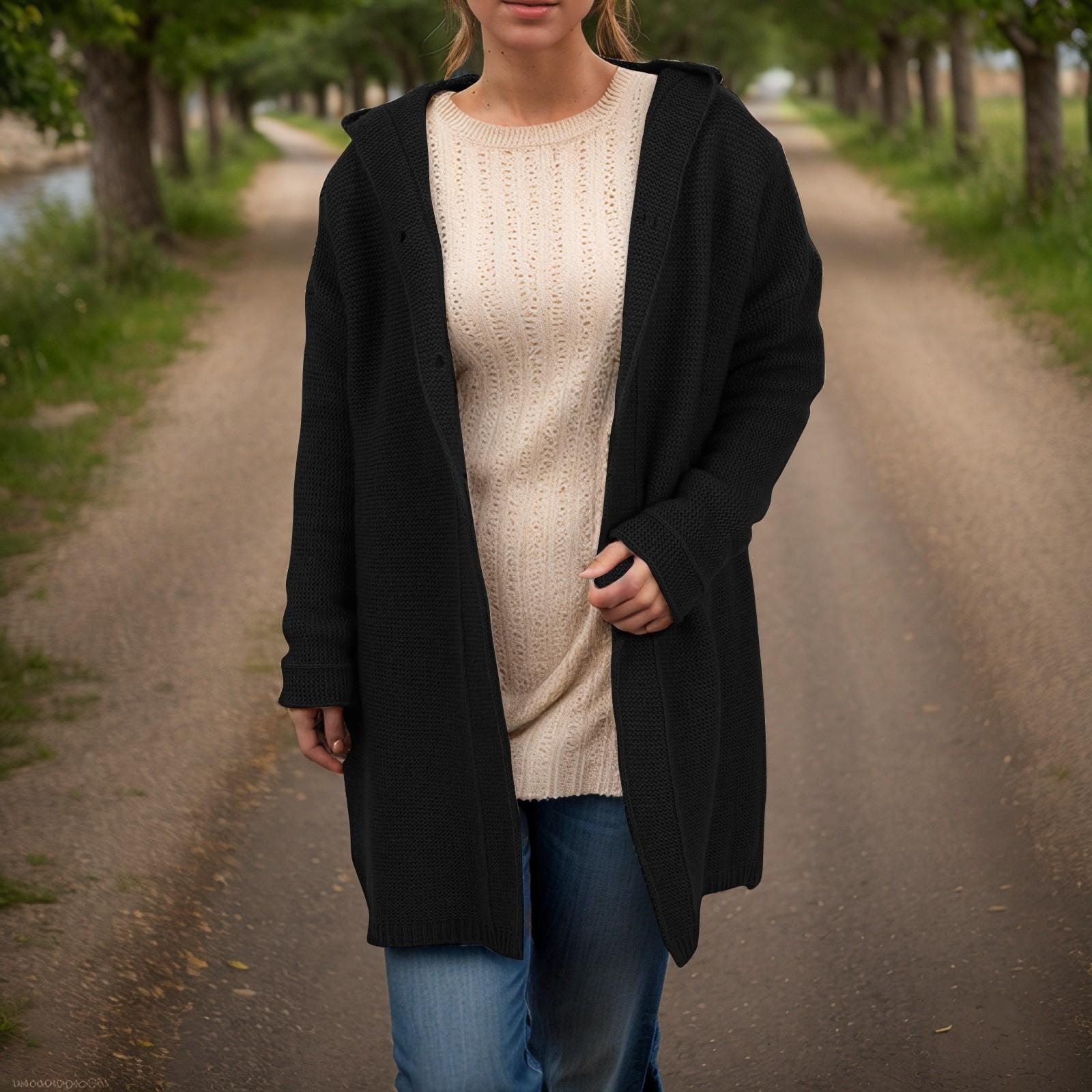 

Женский повседневный однотонный вязаный свитер с капюшоном, свободным воротником и кардиганом, женская куртка-свитер XL чёрный