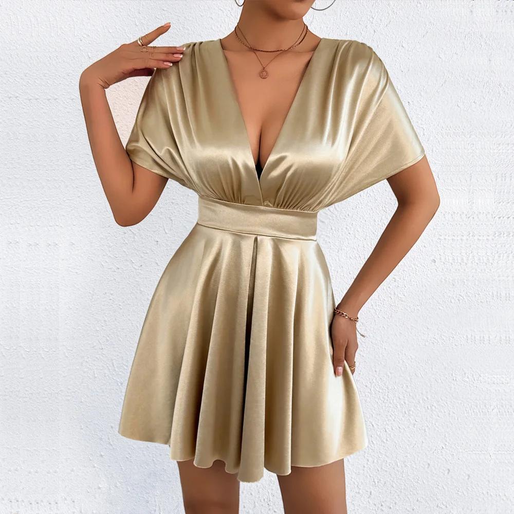 Low Cut V Neck Sexy Fashionable Dress Elegant Waist Cinched Summer New Arrival Women's Clothing Short Sleeveless Dress