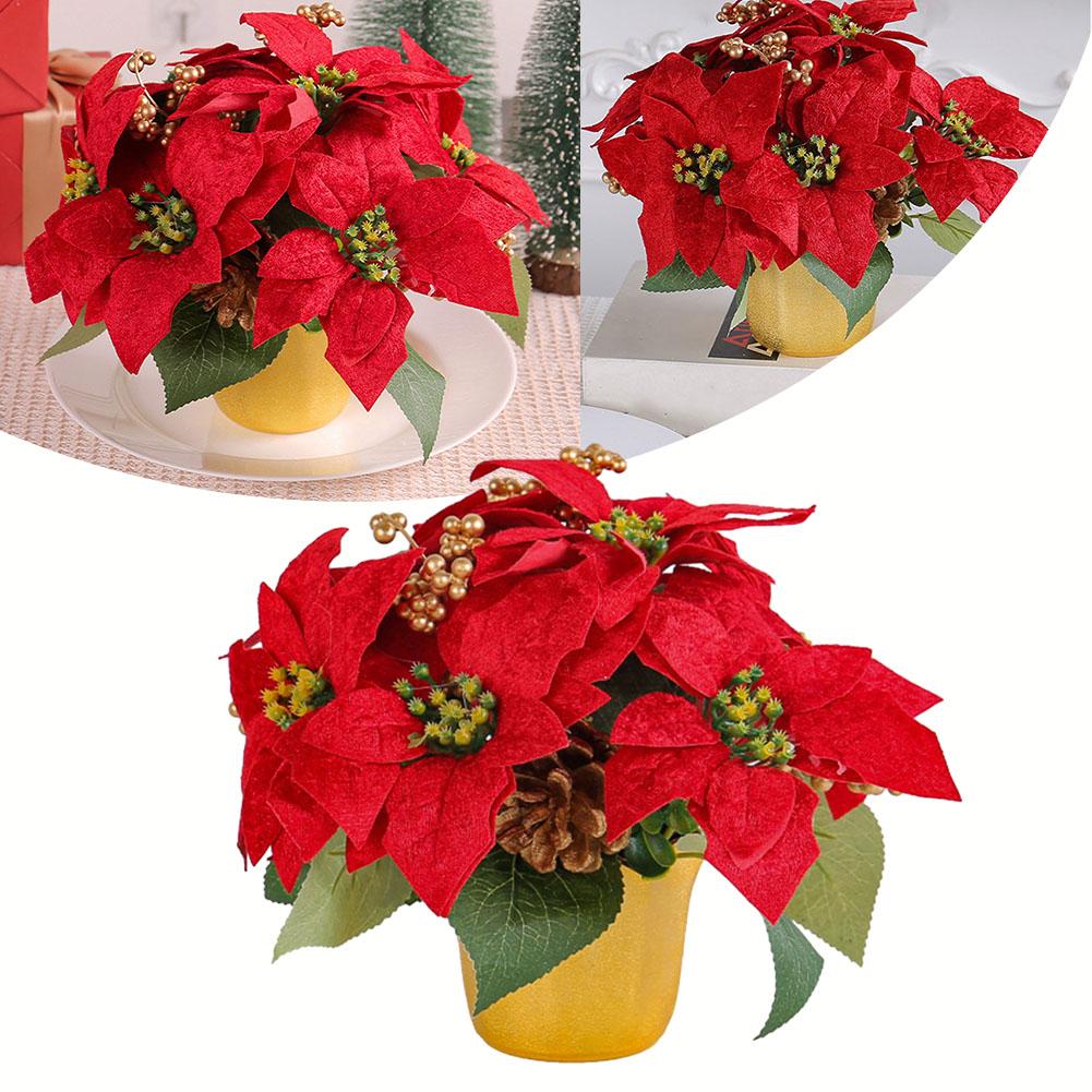 Artificial Christmas Poinsettia Flowers Christmas Decorations For Home Craft Red Fake Flowers Head Bouquet Xmas Tree Ornaments