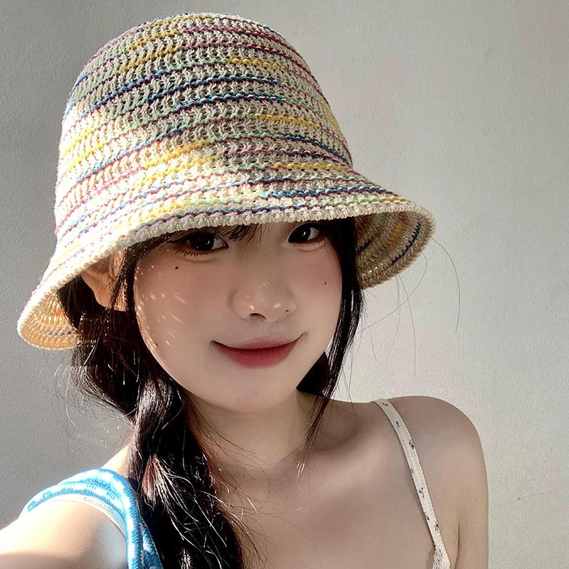 Yiran Dayang Hat Women's New Summer Big Brim Colorful Striped Straw Bucket Hat Vacation Foldable Sunshade Breathable Sun Cap Gorras 56-58Cm