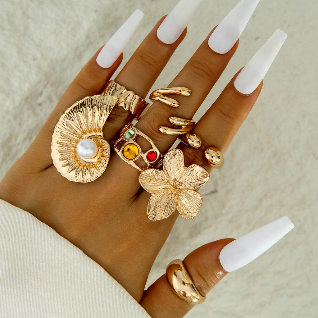 European and American Ethnic Style Carved Feather turquoise Ring Retro Personality Ring Set Combination Ring Set