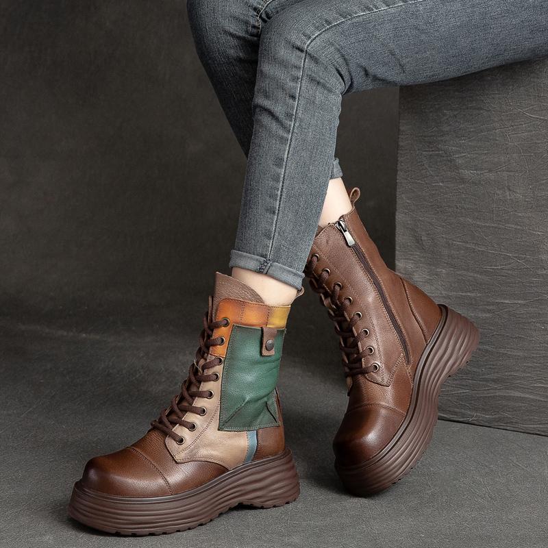 Fashion GKTINOO Handmade Boots Women Genuine Leather Round Toe Lace-up Zipper Platform Thick-soled Mid-calf Boots Retro Zapatos Mujer