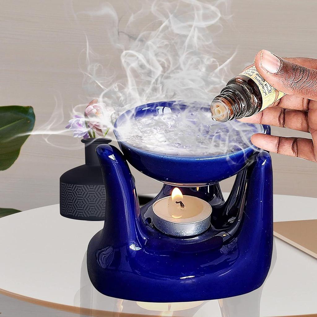 Ceramic Hand Type Aroma Diffuser Oil Burner with Relaxing Oil 10ml (Blue)