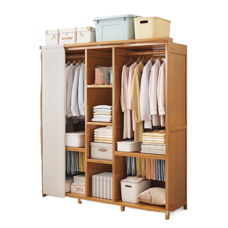 Floor-Standing Wardrobe with Curtain for Bedroom Storage, Easy Assembly, Space-Saving Design.