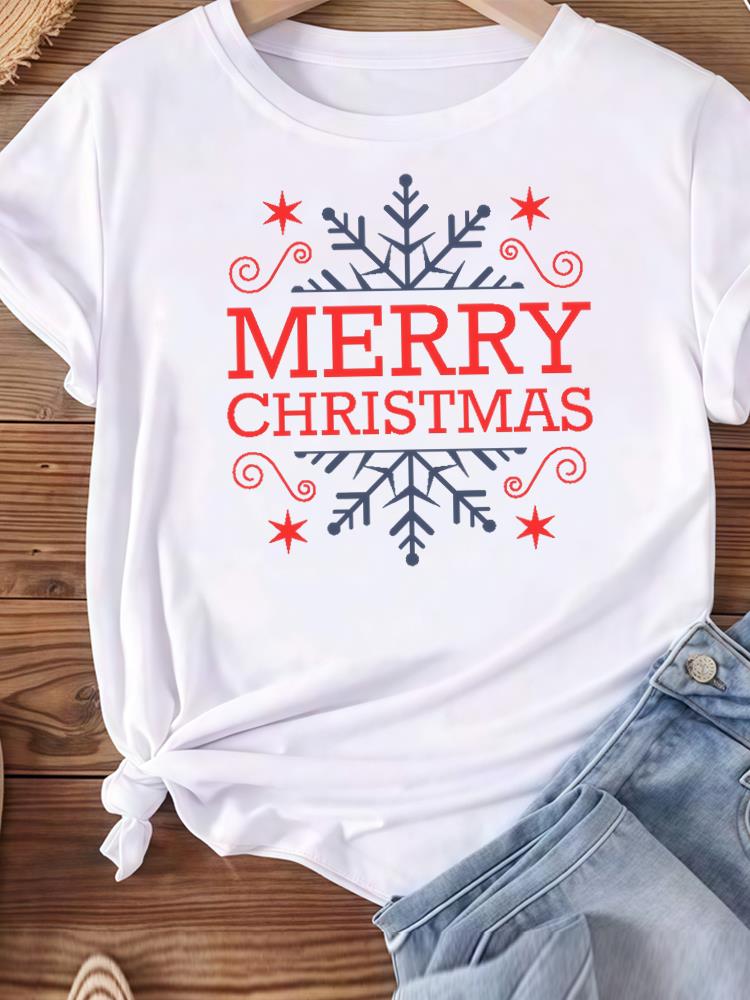 (Asian Size) tree gift happy new year Women's Top T Tee merry Christmas festival O-neck Clothing  Print Fashion ladies Graphic T-shirts