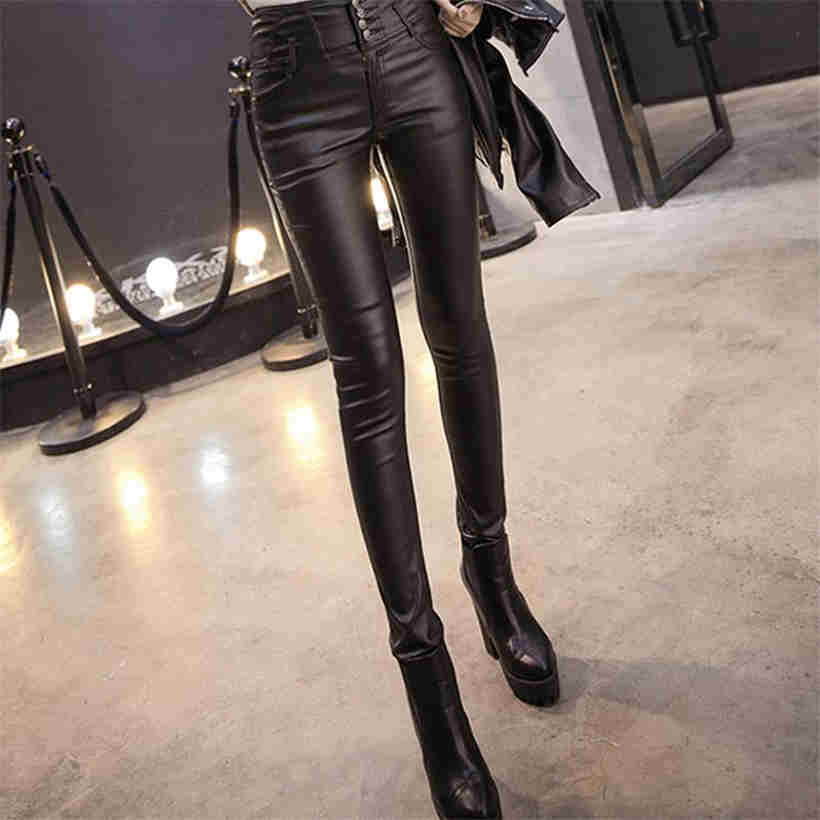 Fall/winter Female Warm Pants PU Leather Velvet Trousers Elastic High Waist Pencil Tight Pants