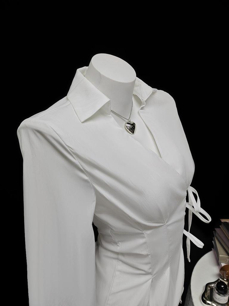 In Stock - European & American Casual Waist-Cinching Solid Color Women's Shirt