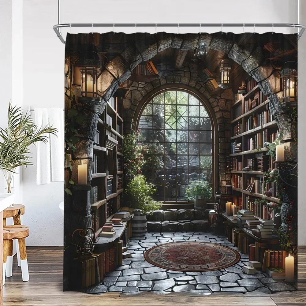 Vintage Library Shower Curtain Medieval Study Antique Castle Bath Decoration Study Theme Polyester Shower Curtain