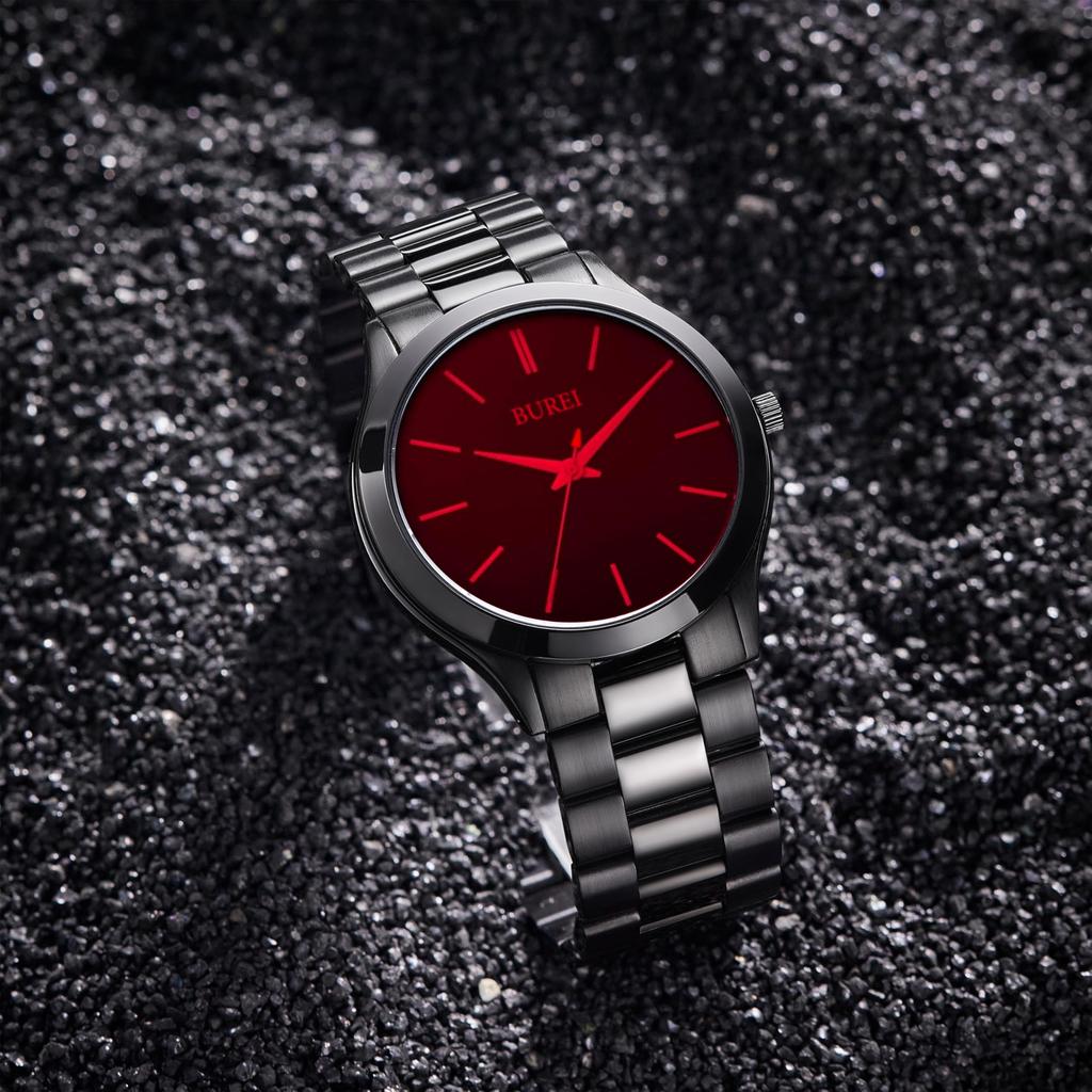 BUREI Analog Quartz Simple and Large Black Popular and Stylish for Business and Red Mineral Glass Men's Watch, Stylish, Waterproof, Dial, Dial,