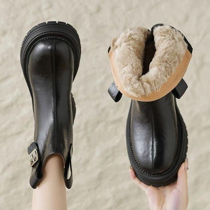 

2025 Зима Новые Женские Кожаные На Толстой Подошве Платформа Балетки Ботильоны Зимние Сапоги Шерсть Внутри Повседневные Короткие Ботильоны 40