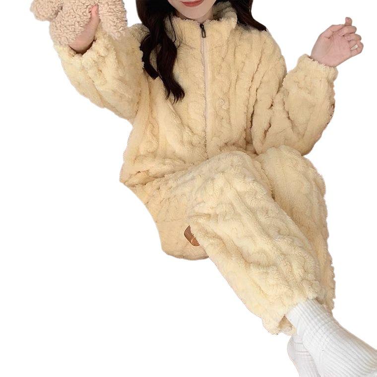 Women's 2024 Milk Yellow Coral Fleece Pajamas with Velvet Lining and Zipper for Fall/Winter Wear.