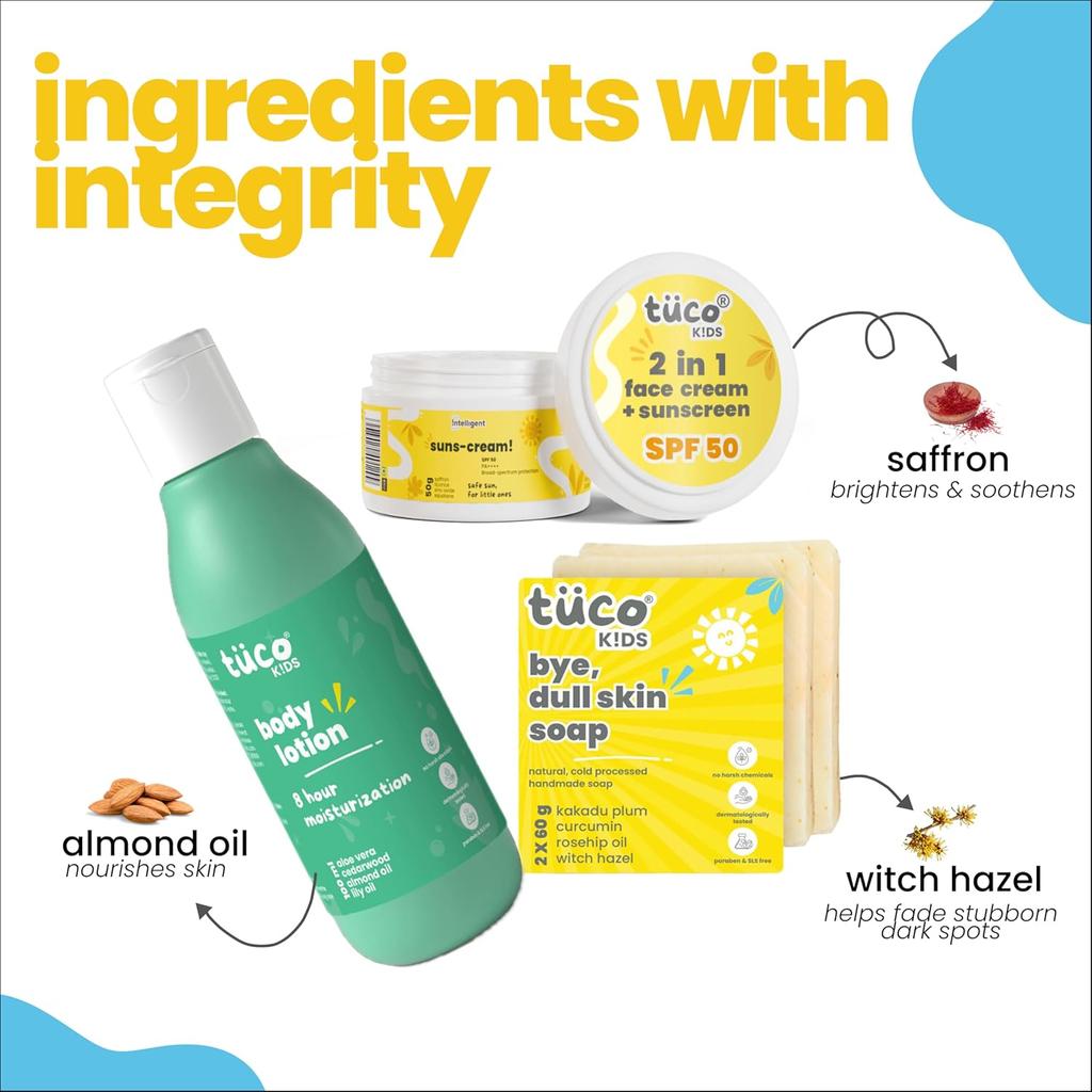 TuCo Dull Skin Soap (60 Gm X 2), Lotion (100 Ml) & Sunscreen (50 Gm) - Ultimate Kiddy Dull Skin Kit - (Combo Pack of 3)