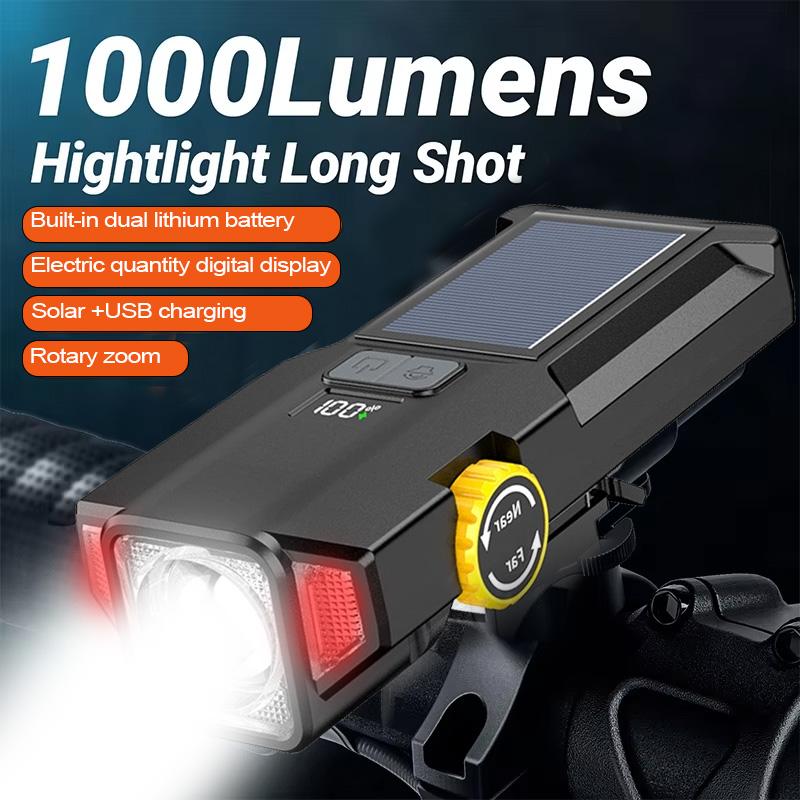 1000LM Outdoor Bike Light Front Lamp Solar Rechargeable LED Dual Battery Bicycle Light Waterproof Headlight Bike Accessories