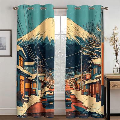 Romantischer Warmer Berg. Fuji Landschaft Vorhang Blau Schneebedeckter Berg Nachtansicht 2 Stück Geeignet Für Wohnzimmer Schlafzimmer Küche Dekoration