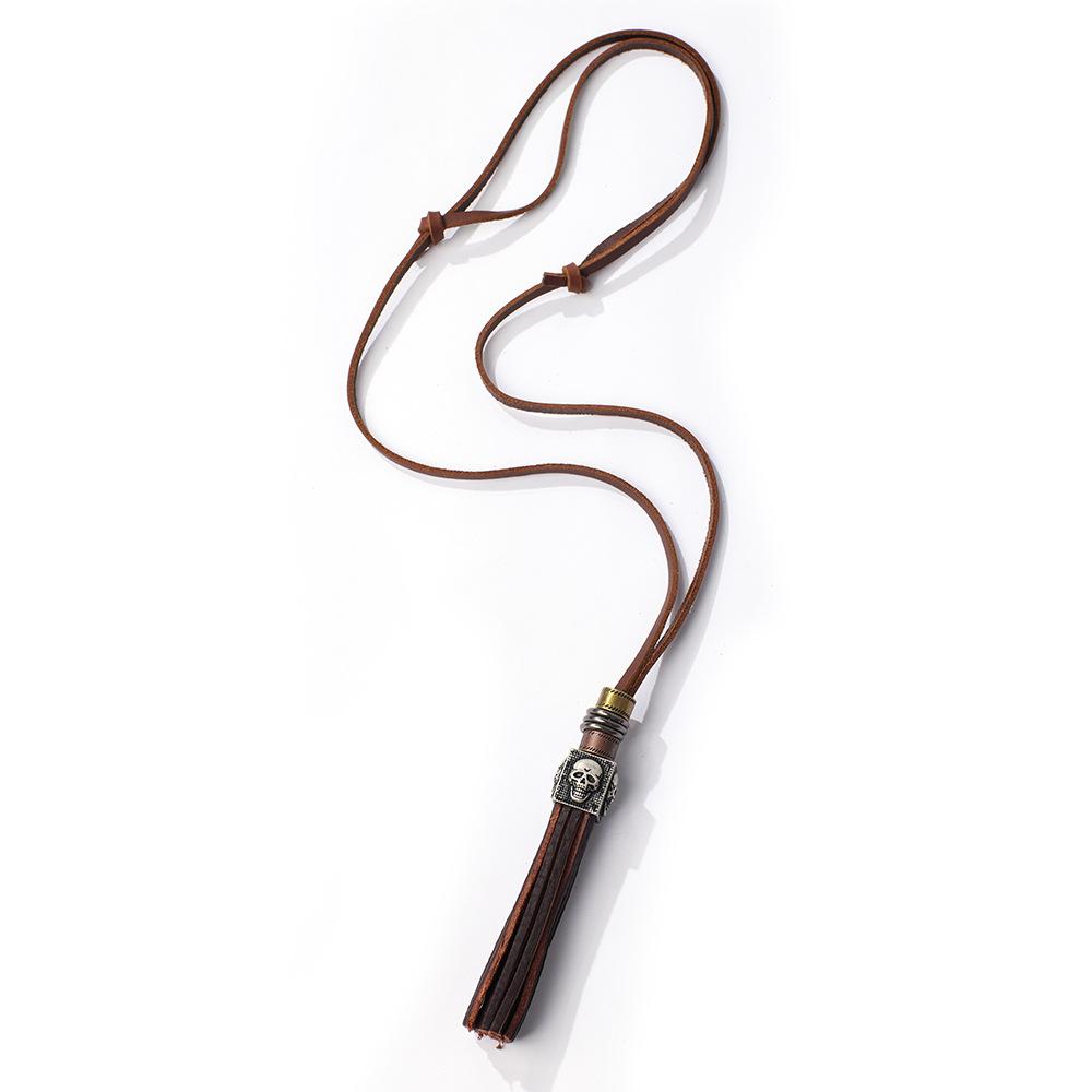 JMXD Genuine Leather Skull Pendant Long Cord Necklace Fashion Retro British Street Style Unique Accessory for Men Women