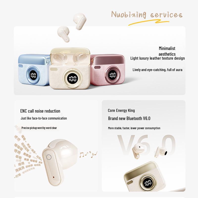 Retro Camera Bluetooth Headset: Short-Handle, In-Ear Design, Noise Reduction, Ultra-Long Battery Life, High-Quality Sound (T24)