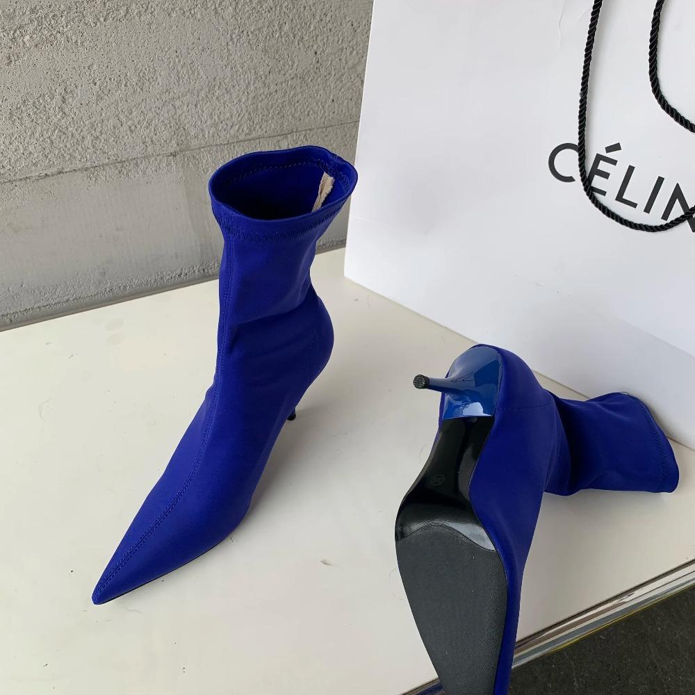 Stivali alla caviglia da donna in tessuto elasticizzato Autunno Primavera Punta appuntita sexy Tacco alto Moda Calzini da donna Scarpe con tacco a spillo