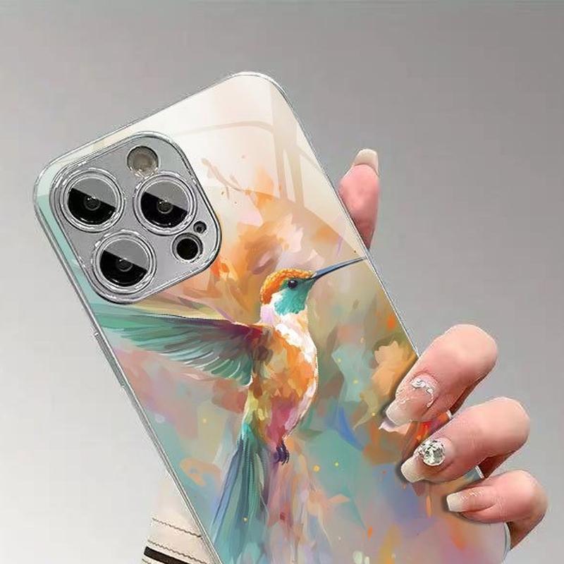 Colorful Hummingbirds Tempered Glass Phone Case For iPhone 17 16 15 14 13 12 11 Pro Max 14 Plus 17Air Electroplate Silver Cover