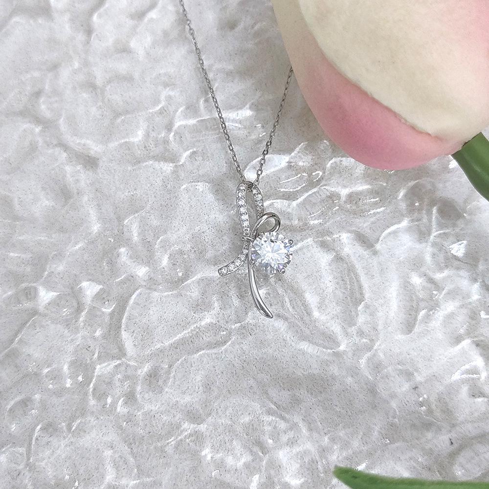 S925 Sterling Silver Bow Pendant with PT950 Plated 1 Carat D Color Moissanite Necklace for Women - Light Luxury.