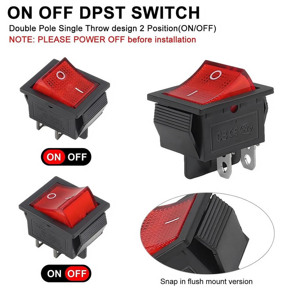 8pcs KCD4 Rocker Switches DPST 4-Pin 16A 250V AC/125V 40A 12V DC - Red Lighted ON/Off Toggle Heavy Duty for Boats Heat Presse Switches4