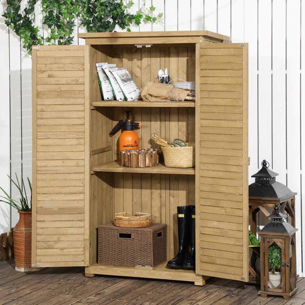Wooden Small Shed, Garden Storage Shed with 3 Shelves, Asphalt Roof and Shutter Doors, Natural Wood Finish